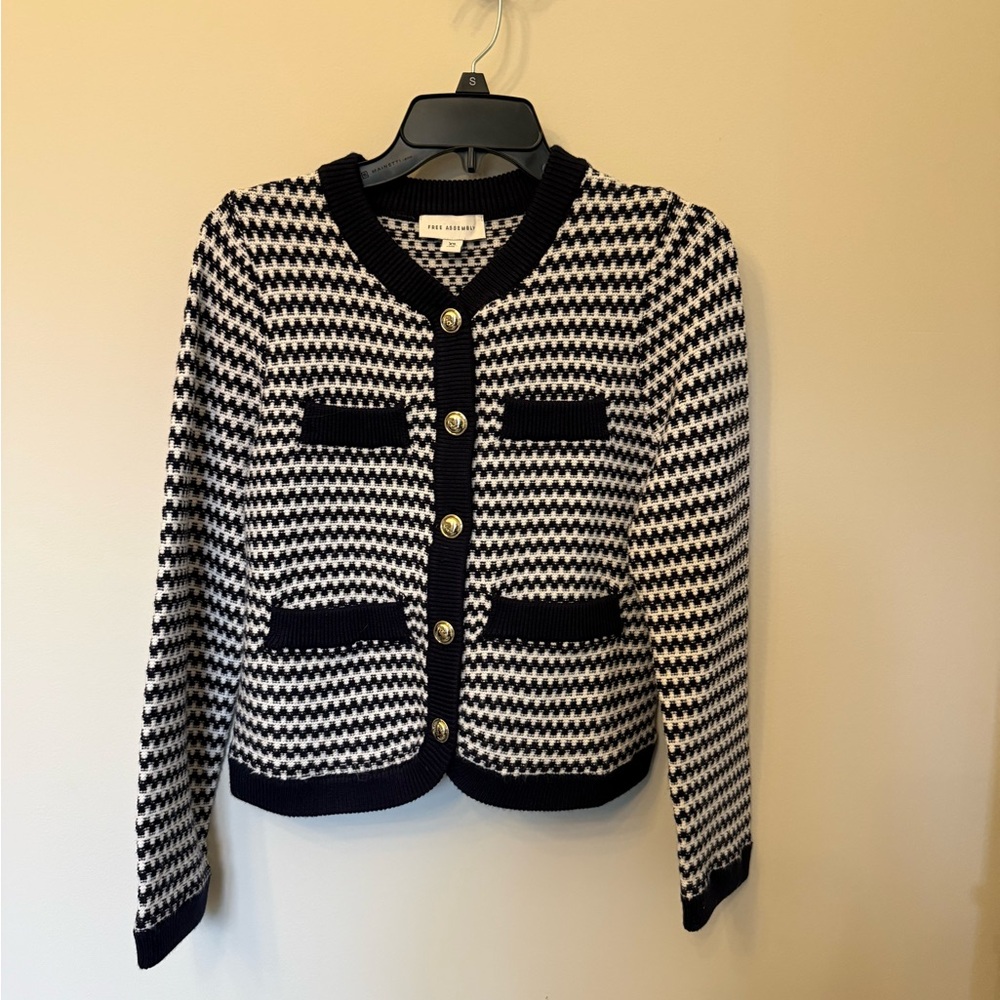 Navy and White Women's Cardigan Sweater